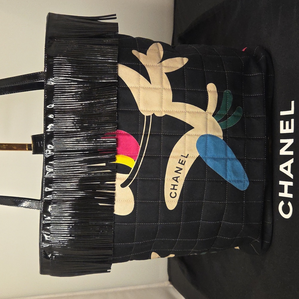 Chanel Choco quilted canvas/patent leather fringe tote Highly Collectable 1997